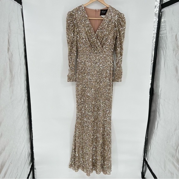 NWOT Mac Duggal Empire Sequined‎ Long Sleeve Evening Gown Gold Size 4 - Picture 5 of 16